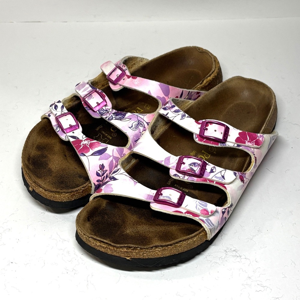 Papillio Birkenstock Florida Sandals Womens 9 Pink Floral‎ 3 Strap Slides